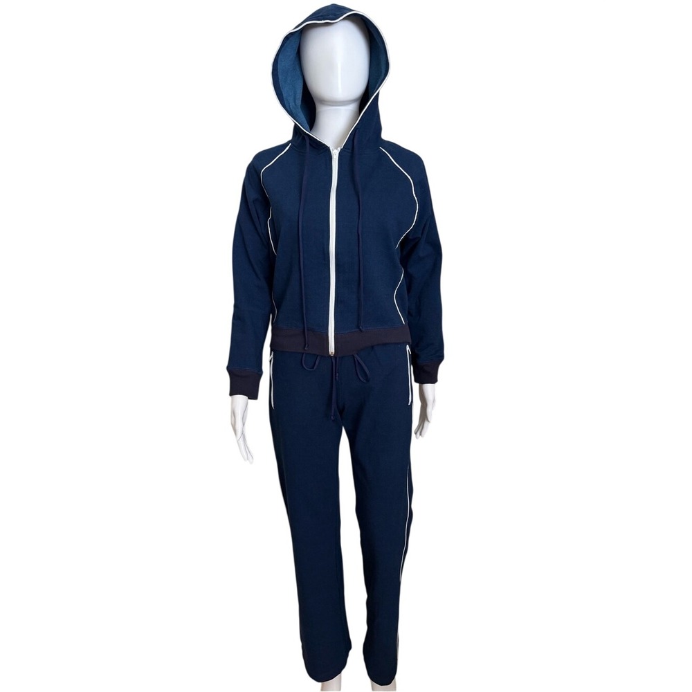PartyGirl Blue White Piping Track Suit Set Zip Hoodie Straight Leg Pants Med